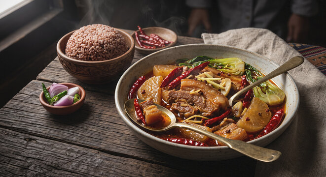 Bhutanese Phaksha Paa spicy pork stew with radish and red chilies