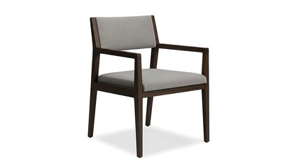 Fototapeta premium Modern minimalist armchair with gray upholstery. Sleek wooden framed lounge chair for contemporary interiors