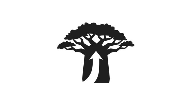 Silhouette of a large baobab tree with thick trunk.
