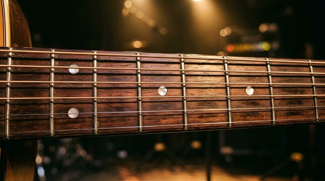 Close-up of acoustic guitar fretboard with strings and dark background bokeh lights