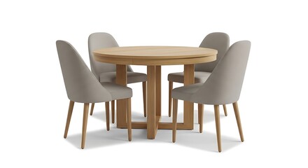 Fototapeta premium Modern round wooden dining table with four upholstered chairs. Minimalist neutral-toned furniture set for contemporary interiors.