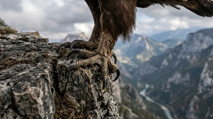 Fototapeta premium Eagle Talons Grip Rocky Cliff Overlooking Majestic Mountain Valley and River