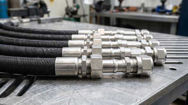 Industrial hydraulic hoses with metal fittings on a steel workbench.