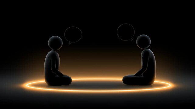 Two figures sit opposite each other in a dark space. They express thoughts through silence and different forms of communication without words.