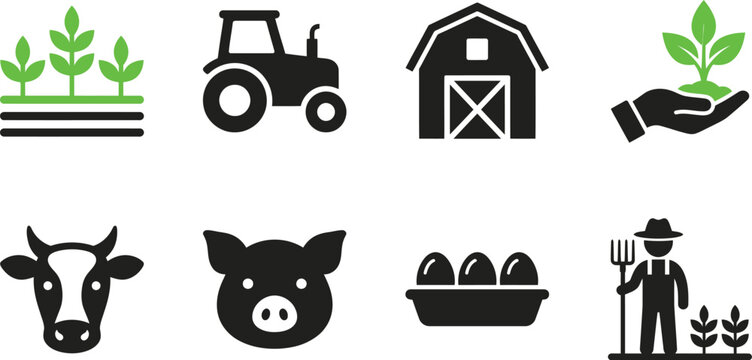 Farm Icons Set Black And White Pictograms On A White Background