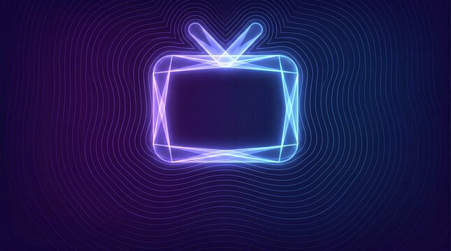 Abstract glowing television symbol composed of vibrant light rays against a dark blue background featuring concentric wave lines for digital media