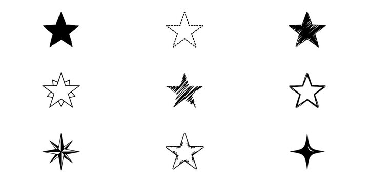 Star Shape Set of Nine Distinct Outlined and Filled Stars Arranged in a 3x3 Grid for Decorative Icons