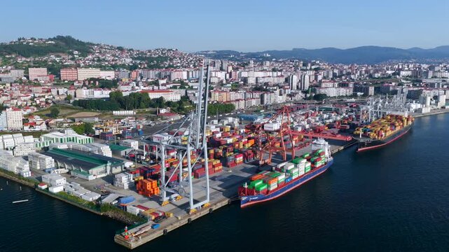 Aerial View of Container Ships at the Port of Vigo Illustrating Rising Import Export Tariffs and Global Inflation Barriers