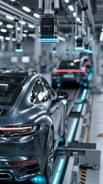Medium shot of AIpowered cameras scanning automotive panels for precise color mismatch detection in a modern inspection facility.