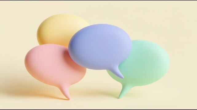 A clay rendering shows three chat bubbles in soft colors arranged together in a simple display for viewers to observe and enjoy.