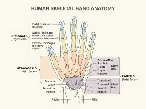 A human hand with labeled skeletal anatomy is shown in a medical illustration.