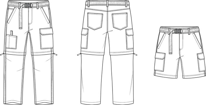 MobileMen convertible cargo pants and shorts fashion technical sketch vector template illustration
