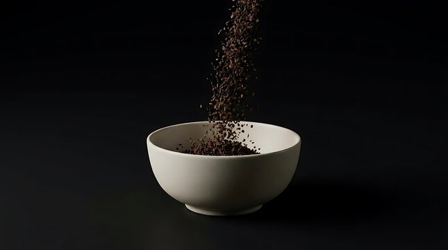 Dry ctc tea leaves falling in a stream into a minimalist white ceramic bowl, set against a dark background with dramatic studio lighting.