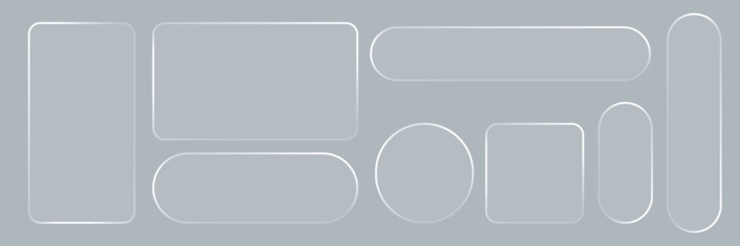 Glass liquid ui button set with transparent 3d effect - rectangle frame box elements in various sizes and proportions, glossy morphism style borders for modern interface design on light background.