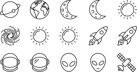 Space exploration and astronomy line icon set vector illustration featuring rocket planet astronaut helmet and alien © AKTAR