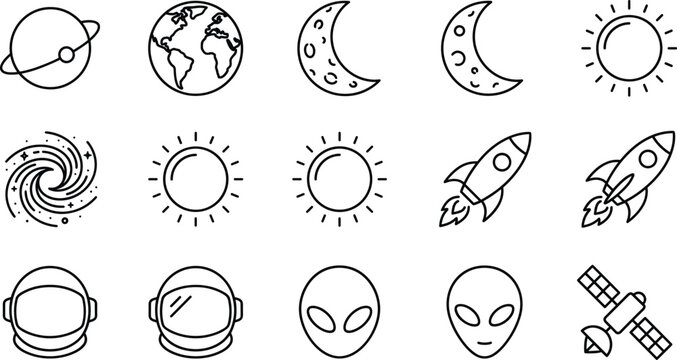 Space exploration and astronomy line icon set vector illustration featuring rocket planet astronaut helmet and alien