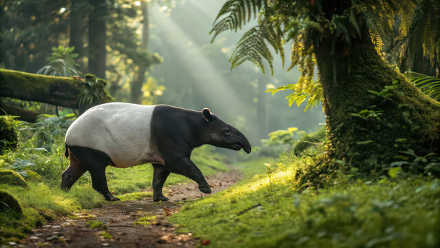 Malayan tapir walking through lush rainforest with sun rays, endangered tropical wildlife, jungle nature scene, biodiversity conservation, serene forest landscape