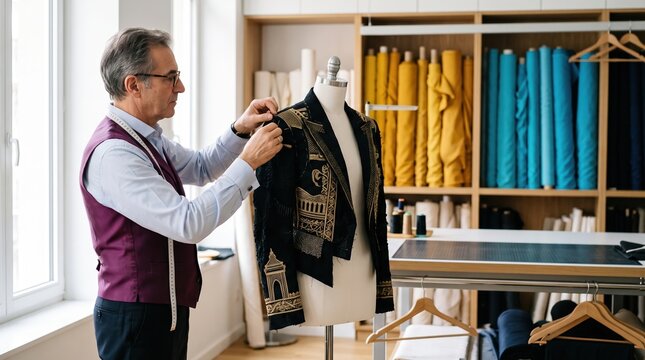 Experienced fashion tailor meticulously crafting