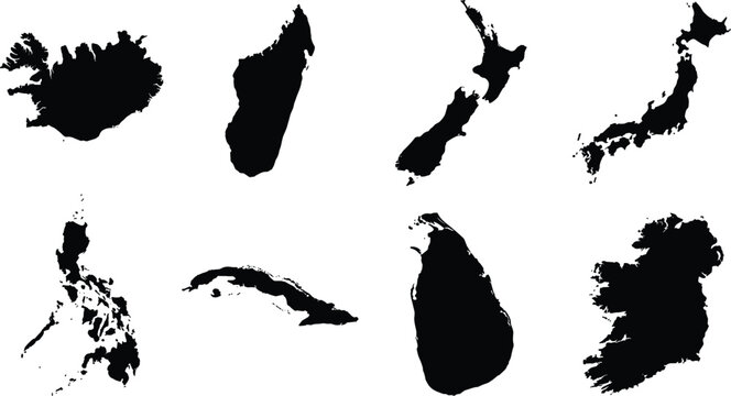 Collection of island nation map silhouettes including Iceland, Madagascar, New Zealand, Japan, Philippines, Cuba, Sri Lanka, Ireland image_fc6752.png