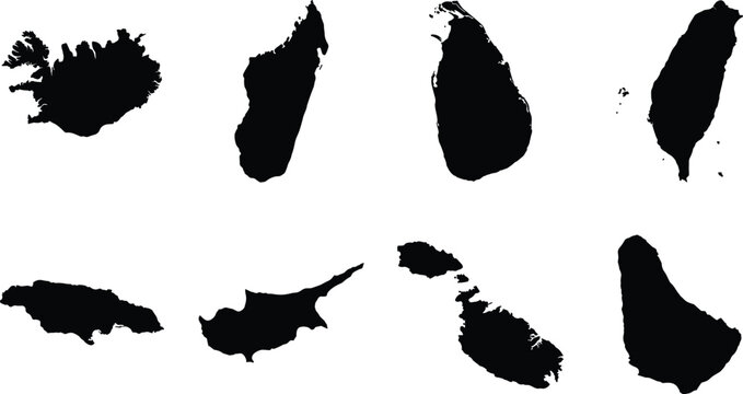 Collection of island nation map silhouettes including Iceland, Madagascar, Sri Lanka, Taiwan, Jamaica, Cyprus, Malta, and Barbados image_fc6adc.png