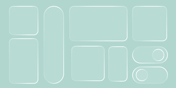 Glass liquid ui button set with transparent 3d effect - rectangle frame box elements in various sizes and proportions, glossy morphism style borders for modern interface design on light background.