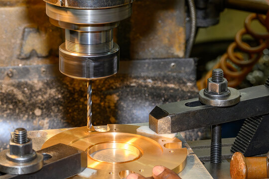 High-precision hole making process on a brass material part using a drill tool on a milling machine.