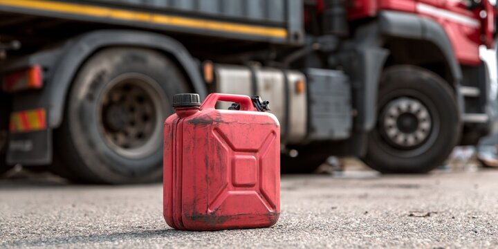 A red fuel jerry can sits on asphalt with a large truck wheel and chassis blurred in the background.