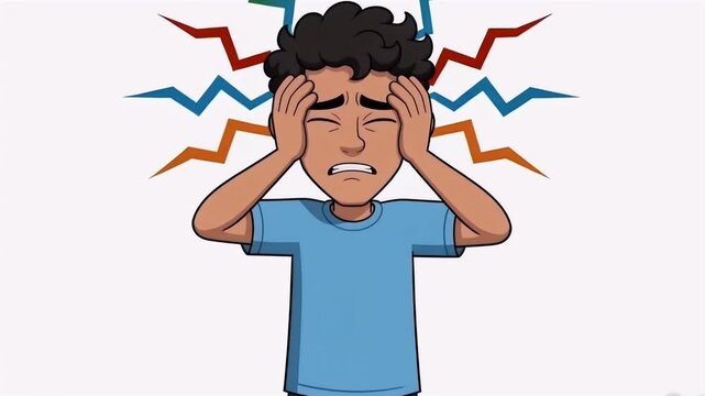 2D Cartoon Style Young Man with Dark Hair Wearing Blue T Shirt Looking Sad and Anxious