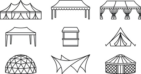 Outdoor event tent and canopy shelter line icon set vector illustration featuring festival marquee dome and yurt © AKTAR