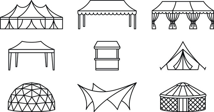 Outdoor event tent and canopy shelter line icon set vector illustration featuring festival marquee dome and yurt