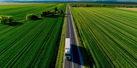 Obraz premium Aerial view of a white truck driving on a straight road through vast green agricultural fields on a sunny day.