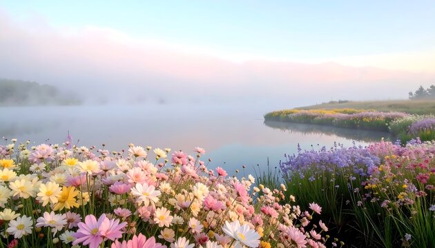 Colorful Wildflower Meadow Blooming Beside Misty Lake at Soft Sunrise