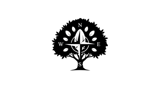 Compass rose integrated with stylized tree design.