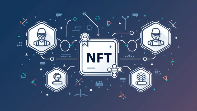 NFT non-fungible token concept banner with digital art, blockchain network, and creator icons on a dark tech background