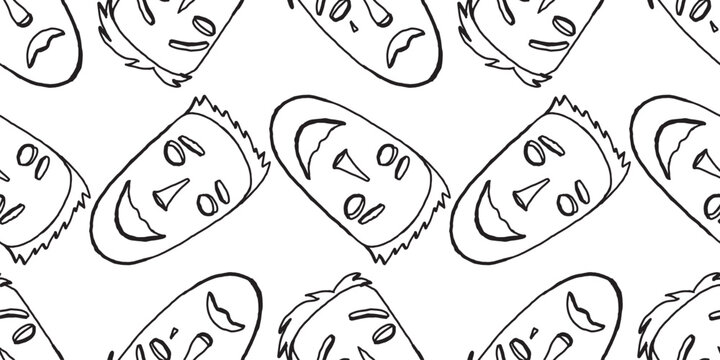 Emotion masks seamless pattern, sadness and glad, contour hand drawn, vector background, paper, wallpaper