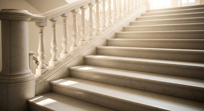 Elegant Marble Staircase Illuminated by Sunlight in Classic Interior