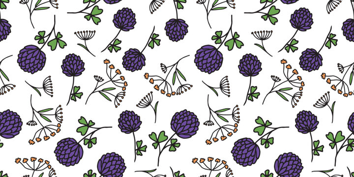 Purple clover, umbrella plants seamless pattern, outline hand drawn vector background, wallpaper, paper, fabric, textile