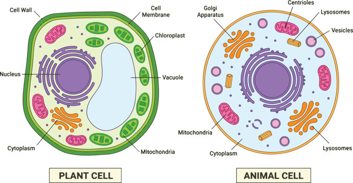 Colorful vector illustration highlighting structural differences between plant and animal cells with labeled organelles
