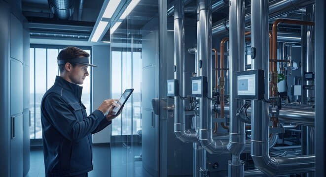 Technician monitoring industrial systems with a digital tablet.