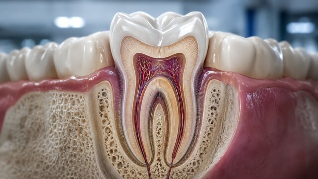 Healthy Human Tooth with Normal Dental Anatomy, Intact Enamel, Dentin and Dental Pulp, Medical Illustration