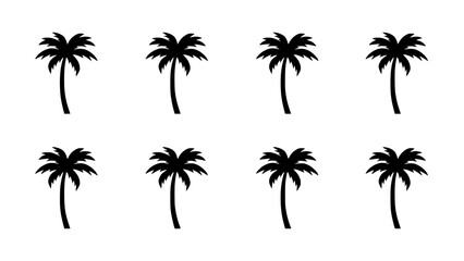 Fototapeta premium Palm Trees in a 4x2 Grid Pattern, Black Silhouettes on a White Background Featuring Tree, Silhouette, Tropical with Beach