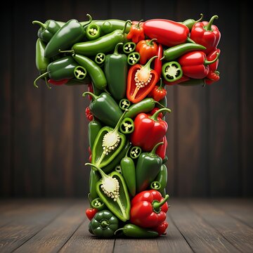 Colorful Chili Pepper Letter T Arranged on Dark Rustic Wooden Table