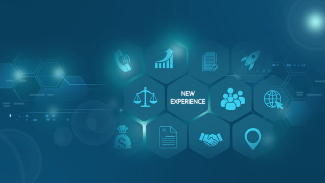 Digital interface with a glowing blue hexagonal grid featuring the words new experience surrounded by various business and technology like a rocket, handshake, and globe on a dark background