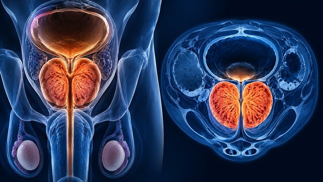 Benign Prostatic Hyperplasia with Enlarged Prostate Gland, Urethral Compression and Lower Urinary Tract Symptoms, Medical Illustration