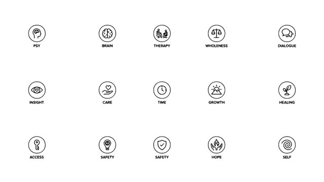 Icons Representing Psychological and Wellness Concepts Arranged in a Grid Featuring Icon, Psy, Brain with Therapy and Wholeness