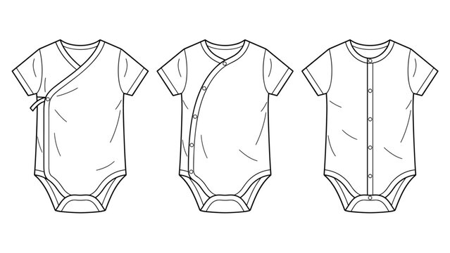 Side snap baby bodysuits collection, CAD, fashion flat template. Technical garment sketch for production unit.
