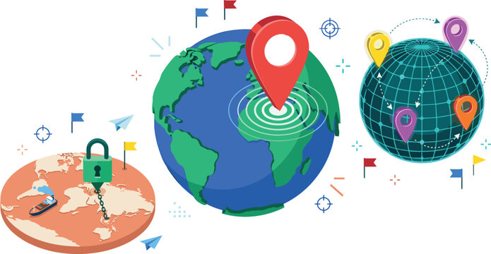 Global Navigation and Map Pin Vector Illustration Set with Earth Globes Target Locations Secure Freight and International Logistics Concepts