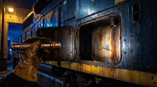 Gritty fuel crisis and blackout concept with close up of locomotive empty tank interior illuminated by mechanic flashlight at night