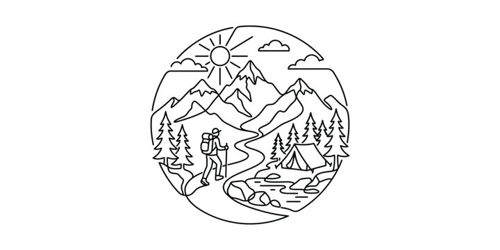 Minimalist Line Art Illustration of a Hiker in Mountains.