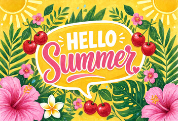 Bright and cheerful hello summer illustration with tropical flowers cherries and sunshine design © AtikurRahman